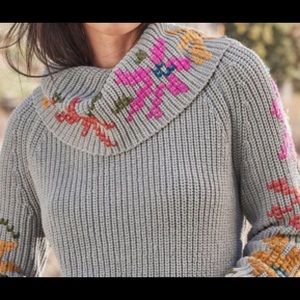 Cowl-neck embroidered sweater. New with tags from Sundance.